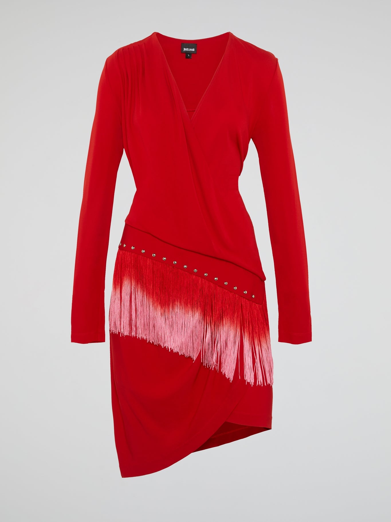 Red Fringe-Detail Long Sleeve Dress ...